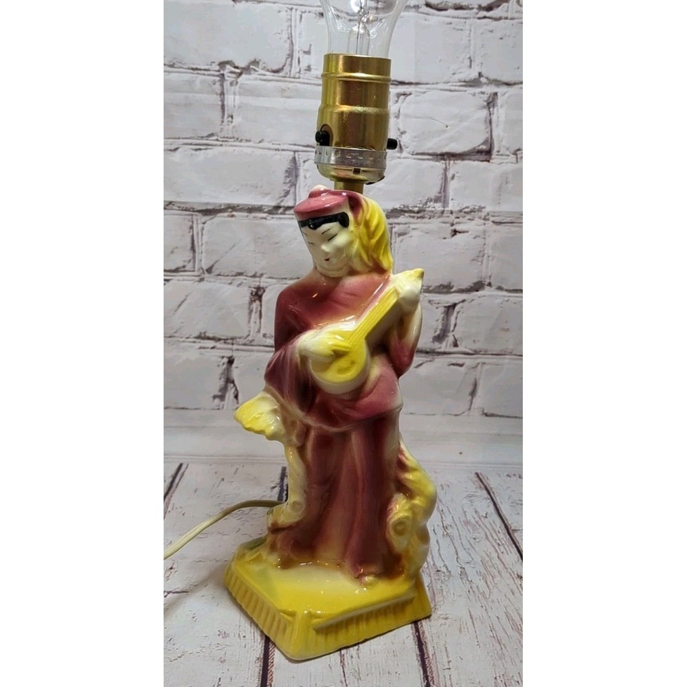 Vintage 50s-60s Ceramic‎ Lamp Chinese Oriental Asian Figure Playing A Lute Works